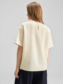 Ontre Women's Cream White,Summer,Effortless Chic,Elegant,Brunch Striped Textured Short Sleeve Round Neck Top,French Chic Minimalist Old Money Vibe Blouse - Light Yellow - View 6