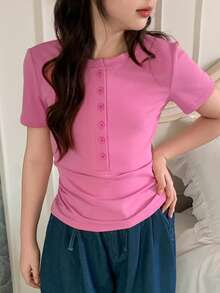 DAZY Camiseta de manga corta de punto para niñas, ropa de otoño - Rosa - Ver 3