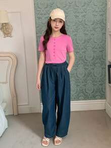 DAZY Camiseta de manga corta de punto para niñas, ropa de otoño - Rosa - Ver 5