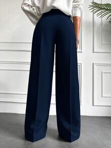 EURMUSE Ladies" Solid Color Straight Legged Pleated Dress Pants, Featuring Pockets, Suitable For Casual And Commuting - Navy Blue - View 2