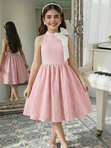 Tween Girls'Elegant Commuter Princess 3D Bowknot Sleeveless Waist Cinched Blue Floral Jacquard Dress,Dusty Pink,Summer,Elegant,Party For Vacation - Blue - View 4