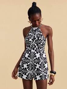 Travachic Women's Vacation Casual All-Over Print Halter Romper - Black and White - View 5