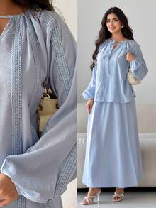 Mulvari 女士蕾丝边系领灯笼袖上衣和半裙休闲两件套 - 藍色 - 查看 8