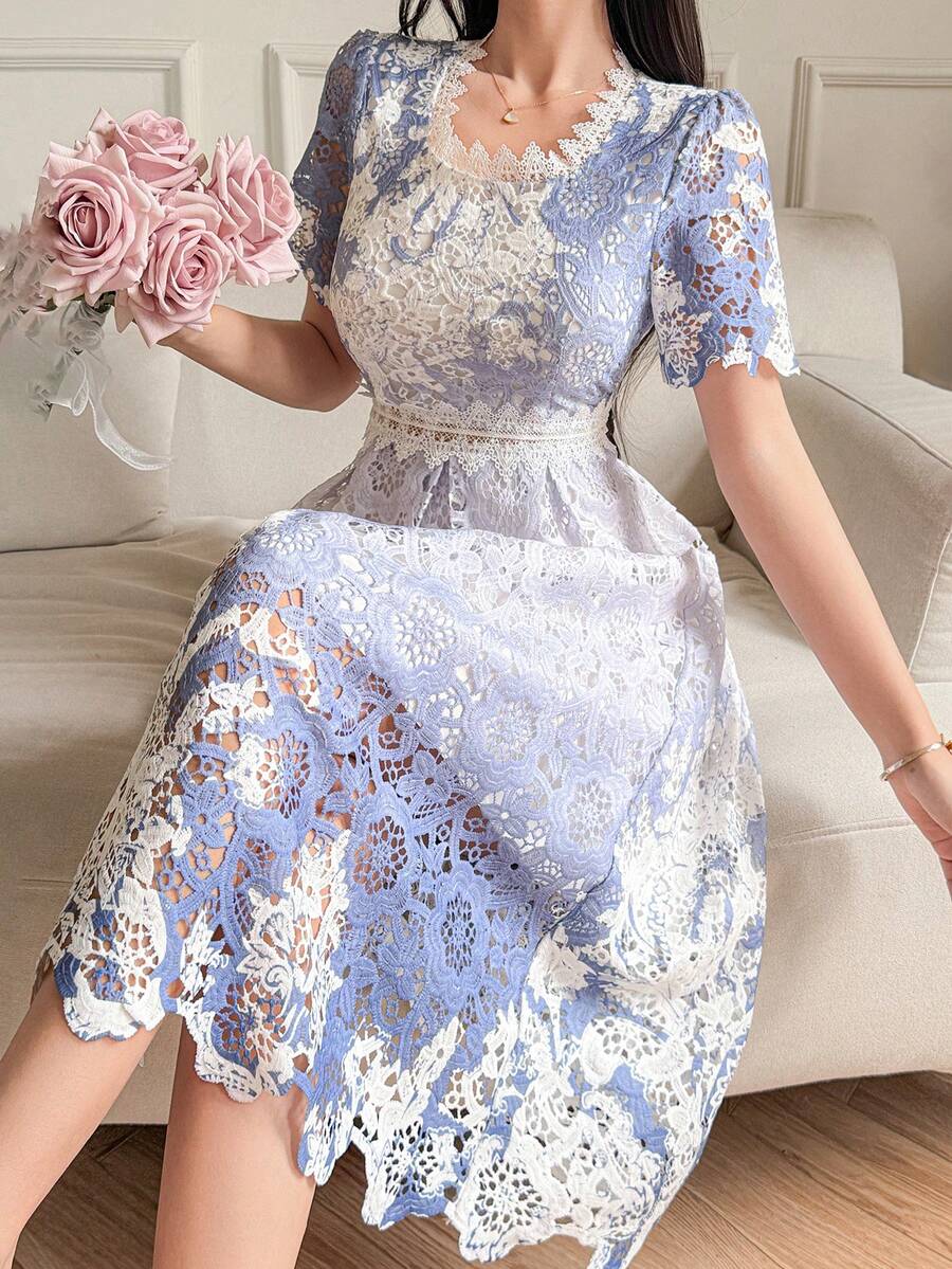 DAZY Đầm ren hoa ombre thanh lịch dáng dài ngang gối dành cho nữ, thích hợp cho mùa hè. - Màu xanh lam - Xem 1