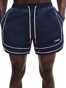 SUMWON Quần bơi nam màu xanh hải quân, gấu quần cong, viền trắng tương phản, thích hợp cho mùa hè đi biển, cạp chun. - Màu xanh hải quân - Xem 6