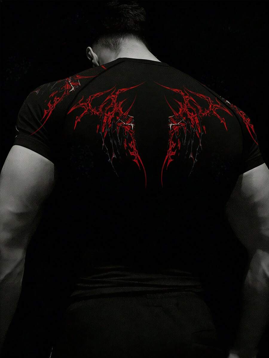 GymBeat Áo thun nam tay ngắn cổ tròn họa tiết Gothic, kiểu dáng thường ngày, đa năng, thích hợp cho hoạt động ngoài trời và thể thao. - màu đen - Xem 1