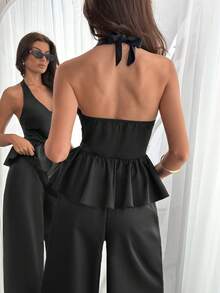 EURMUSE Women's Black Satin Two Pieces Set – Halter Peplum Top & Wide-Leg Pants - Black - View 5