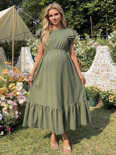SHEIN Maternity Vacation Beach Solid Color Ruffle Hem Dress