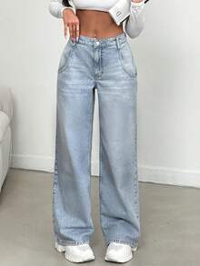 SHEIN Cottnline Pantalones vaqueros de mujer 100% algodón con bolsillos - Azul lavado medio - Ver 1