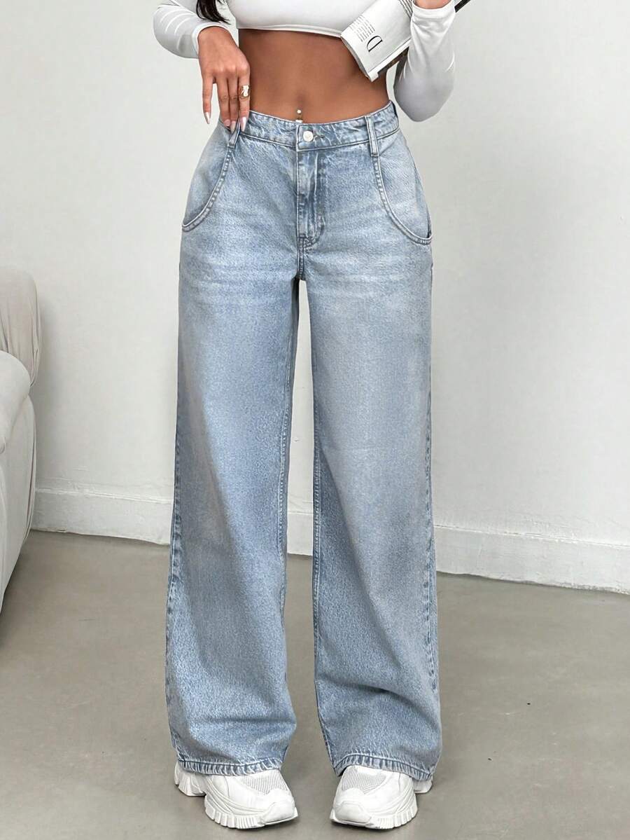 SHEIN Cottnline Pantalones vaqueros de mujer 100% algodón con bolsillos - Azul lavado medio - Ver 1