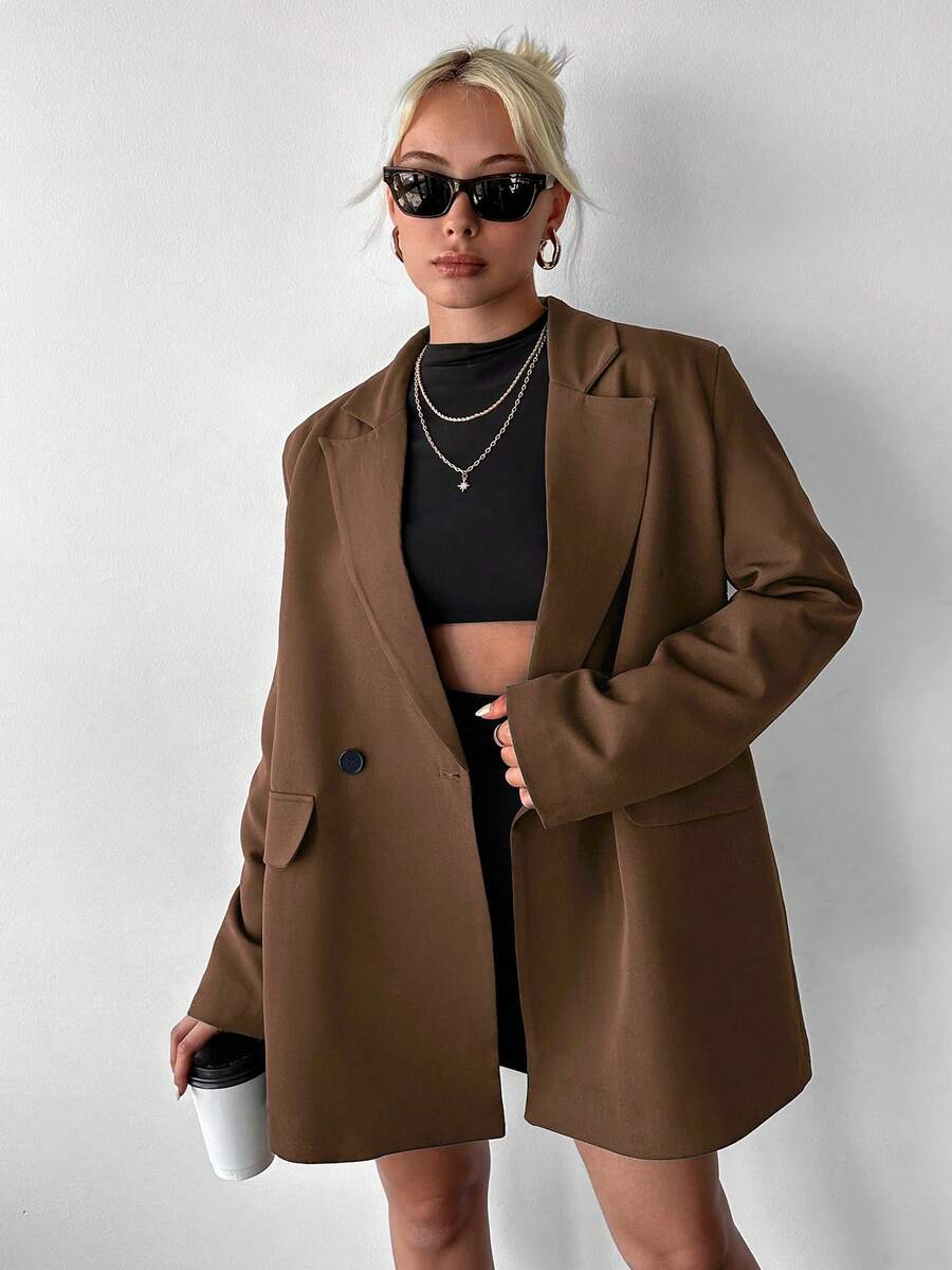SHEIN Plus Size Solid Brown Color Notch Lapel Double Breasted Oversize Casual Blazers - Coffee Brown - View 1