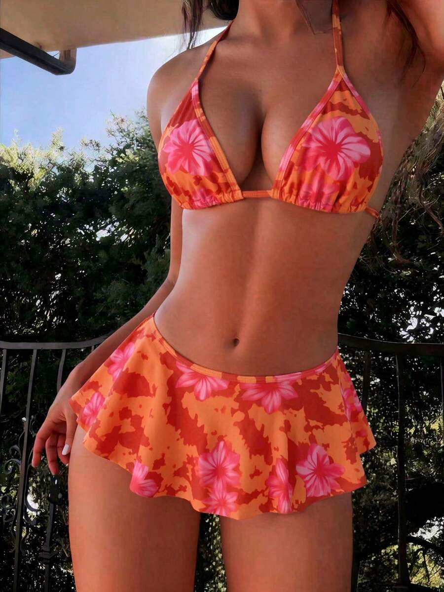 Swim Mod 2026 Orange Floral Spaghetti Strap Random Print Side Slit Jumpsuit Skirt Women's Bikini Swimwear 2-Piece Set - Multicolor - View 1