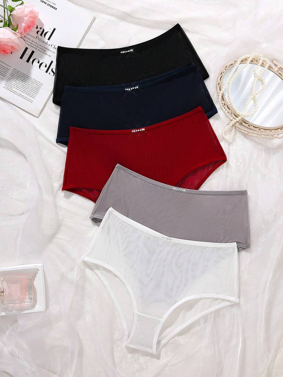 5 chiếc/gói Quần lót cạp cao mềm mại, phối lưới - Nhiều màu - Xem 1