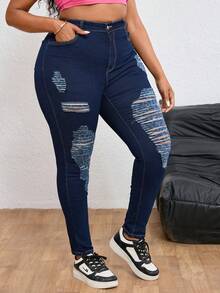 SHEIN ICON 大码女式破洞牛仔裤 - 深色水洗藍 - 查看 6