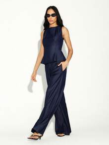 KSTM Women's Denim Effect Pocket Straight Leg Loose Casual Pants - Navy Blue - View 6