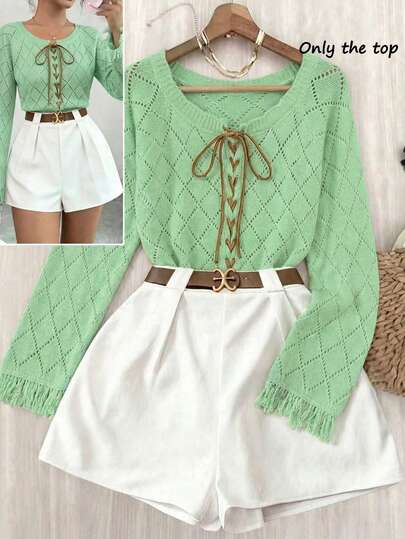 Franclia Women's Fashionable Colorblock Tie-Up Hollow Floral Fringe Pullover Sweater, Autumn