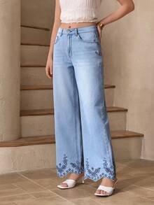 Selenza Women's Casual Everyday Denim Jeans With Pockets And Floral Embroidery Design - Blue - View 3