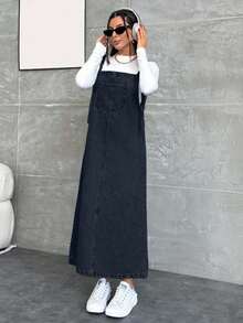 EURMUSE WOMEN LONG DENIM DRESS POCKET DETAILED - Navy Blue - View 6