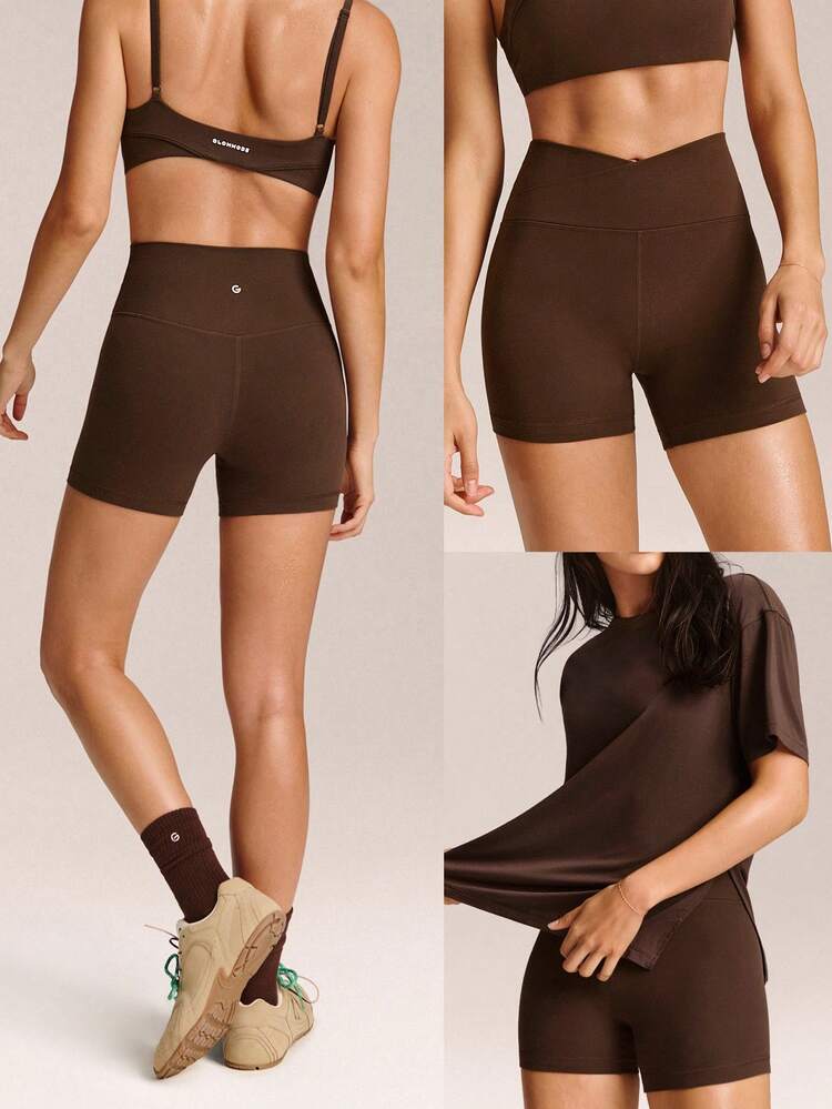 2 Pieces Tencel™ Modal 4.3'' Everymode Soft Silky Oversized Tee & FeatherFit™ Buttery-Soft Lightweight Sweat-Wicking Crossover Waist Biker Shorts Low Impact Gym Studio Cycling Workout Running Daily Active Wear