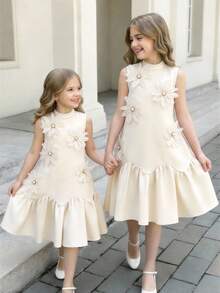 Đầm chữ A không tay, xếp ly, eo thấp, họa tiết hoa thanh lịch dành cho bé gái, thích hợp cho các dịp trang trọng và tiệc tùng, mùa xuân/hè. - Màu be - Xem 3