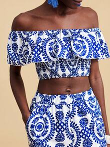 Travachic Women's Vacation Casual All-Over Print Off-Shoulder Ruffle Hem Crop Top And Long Pants 2-Piece Set - Multicolor - View 6