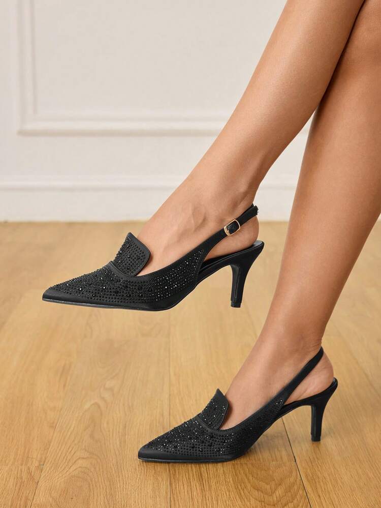 CUCCOO HITCHD Black Crystal Pointed Toe Ankle Strap High Heel Pumps For Women Wedding Shoes Spring Shoes Bride Shoes