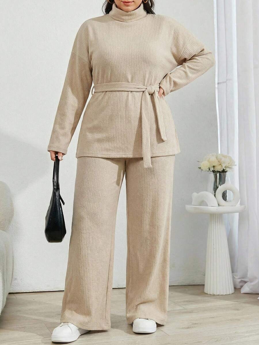 Solid Color Turtleneck Casual Soft Form Modest Sweater 2pcs/Set Lounge Date Night Apricot Autumn - Beige - View 1