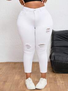 SHEIN EZwear Plus Size Women Casual Distressed Button Fly Denim Jeans, Versatile For Daily Wear - White - View 1