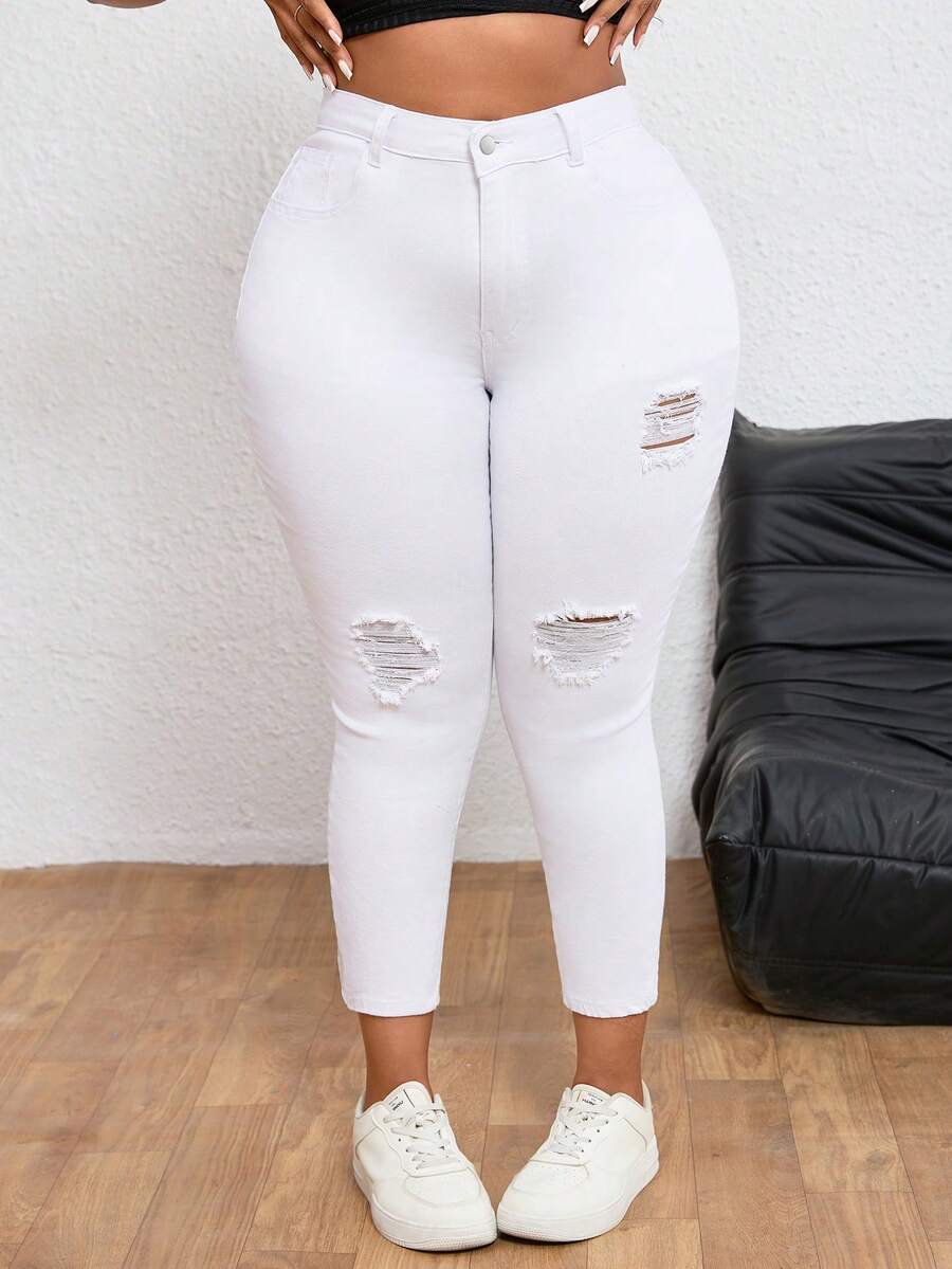 SHEIN EZwear Plus Size Women Casual Distressed Button Fly Denim Jeans, Versatile For Daily Wear - White - View 1