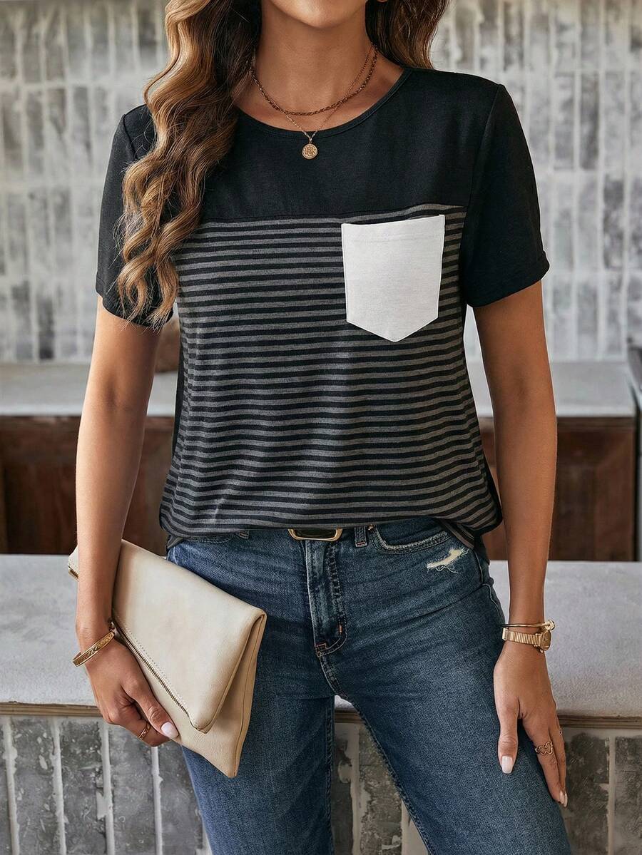 SHEIN LUNE Áo thun nữ cổ tròn tay ngắn kẻ sọc phối nhiều màu, kiểu dáng thường ngày, có túi, thích hợp mặc đi học, áo thun nữ tay ngắn kẻ sọc, áo thun nữ mùa hè. - màu đen - Xem 1
