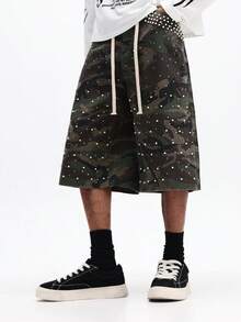 SUMWON Men's Camouflage Rhinestone Embellished Wide Leg Denim Shorts With Drawstring Waist Knee Length Summer Streetwear Festival Rave Party Urban Style - Army Green - View 4