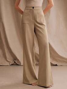 Anewsta 新款时尚休闲通勤多功能口袋喇叭裤脚优雅女士西装裤 - 卡其色 - 查看 1