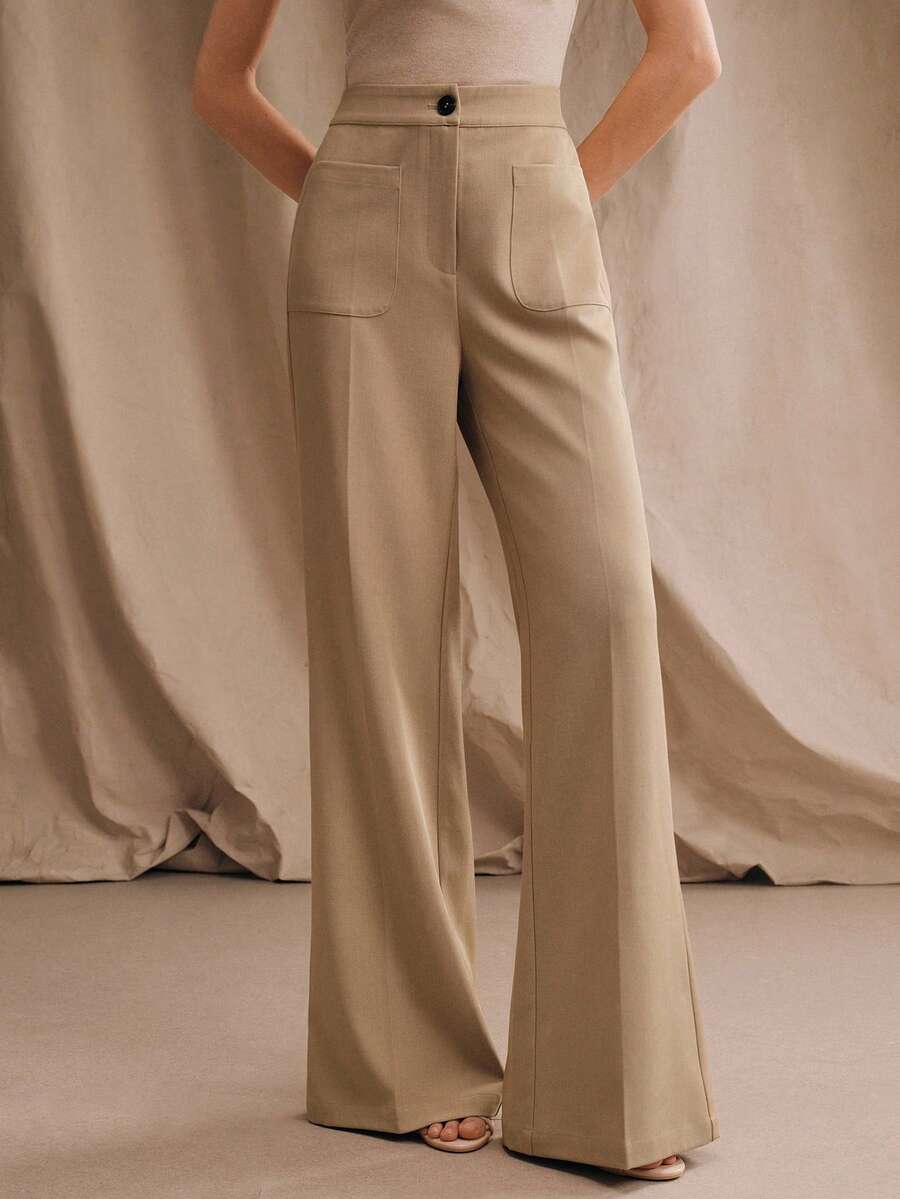 Anewsta 新款时尚休闲通勤多功能口袋喇叭裤脚优雅女士西装裤 - 卡其色 - 查看 1