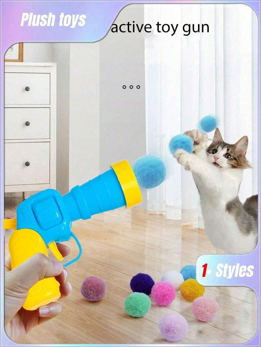 KATT Pom-Poms Launcher-leksaker, slumpmässiga färgade kattpompoms med självhäftande leksaker. Produktbilden visar en användningsmetod. Förbrukningsartiklar: Interaktiva pompoms för husdjur, leksakspistol, 1 st. - Multifärgad - Visa 1