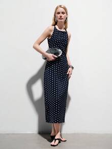 Aveloria Modichic 撞色波点扭结腰带简约中长连衣裙，优雅通勤法式复古百搭无袖女装 - 彩色 - 查看 6