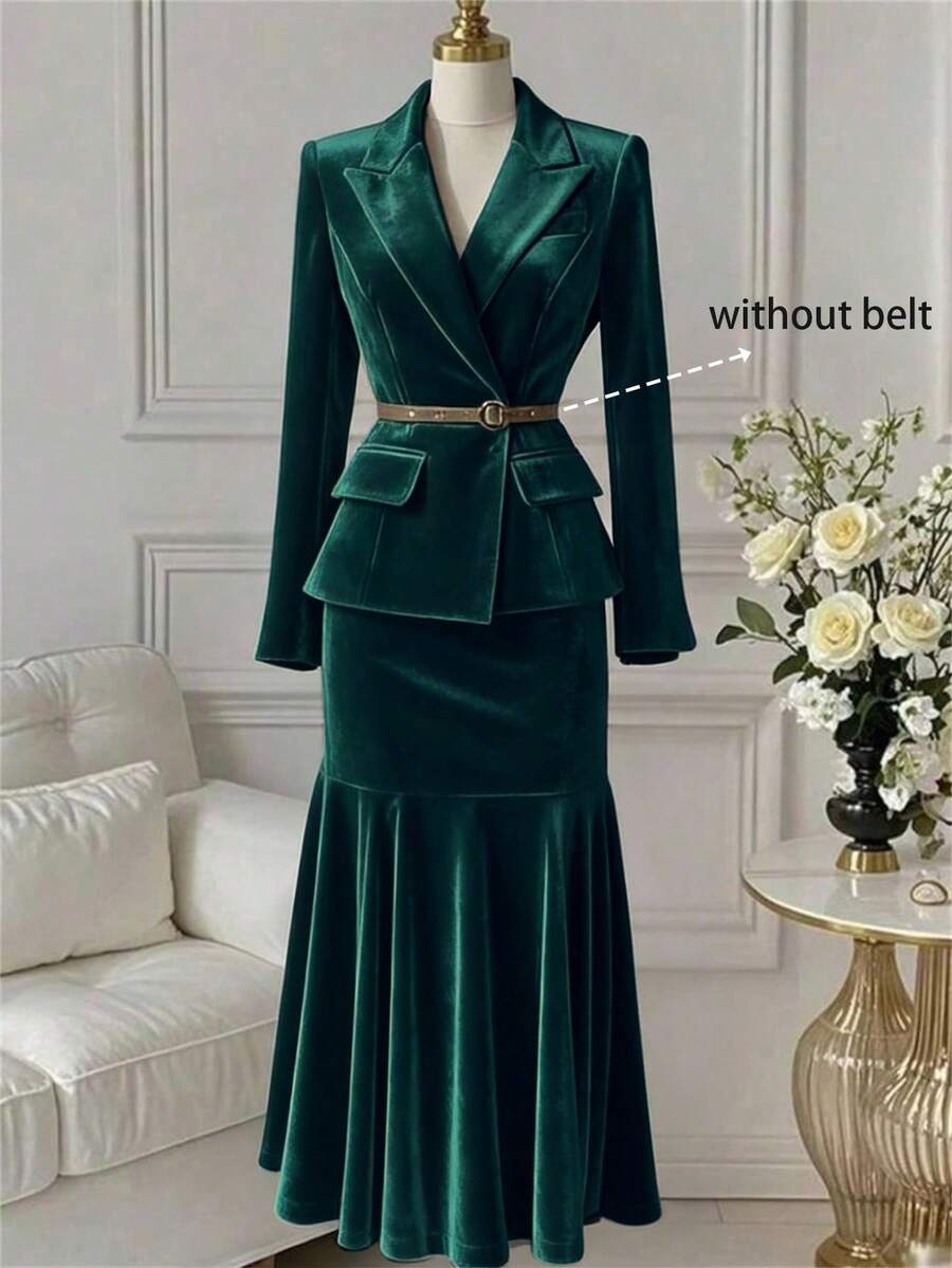 GlowEve 2pcs Women's Elegant Solid Color Versatile Velvet Blazer And Mermaid Hem Skirt Set, Autumn - Dark Green - View 1
