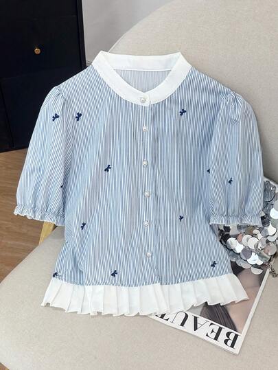 GlowEve Women's Blue & White Striped, Blue Bow Tie Digital Print Round Neck Loose Pleated Hem Puff Sleeve High-End Elegant Carnival/Workplace, Back To School/Travel Casual Blouse, Summer Short Sleeve Top