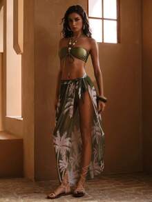 Swim Oasis New Colorful Beaded Textured Solid Color Halter Neck Swimwear Top And High Waist Printed Mesh Beach Skirt Premium Quality Swimwear Set - Multicolor - View 7