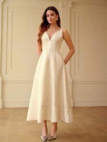 ZEYLAH Elegant Spaghetti Strap Waist Gathered Hem Dress, Spring/Summer - Apricot - View 4