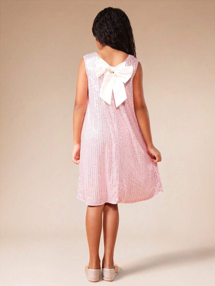 Pink Sequin Sleeveless Dress With Bow
