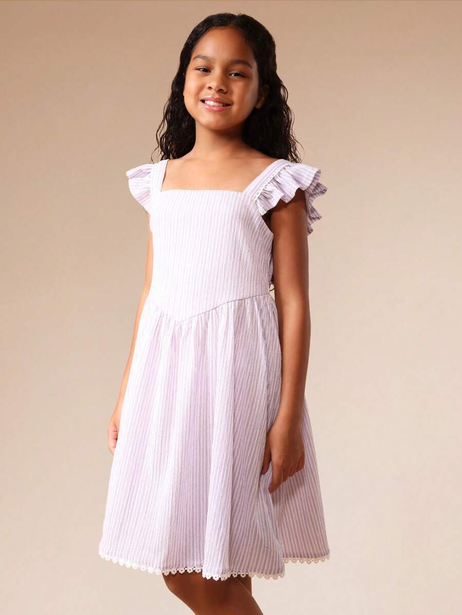 SUMWON Tween Girls Lavender Striped Ruffle Sleeve A-Line Midi Dress With Smocked Bodice And Lace Trim Hem Detail Summer Spring Casual - Mauve Purple - View 1
