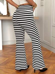 SHEIN EZwear 女士不对称腰带条纹休闲喇叭裤 - 黑色 - 查看 7