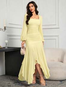 xheModelyn Vestido elegante de manga larga con cuello cuadrado plisado y unicolor para mujerxhe - Amarillo claro - Ver 6