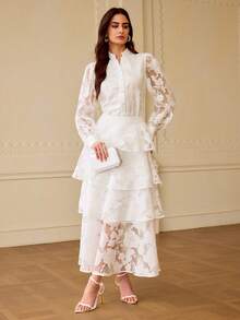 ZEYLAH Áo kiểu nữ tay dài màu trơn, chất liệu ren, thanh lịch và thoải mái. - Màu be - Xem 5