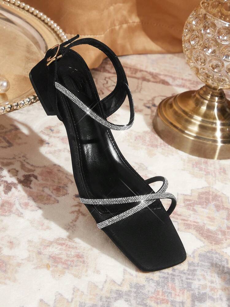 CUCCOO TILAWA Women's Square Toe Black Rhinestone Strap Decoration Shiny Sexy High Heel Sandals For Dating