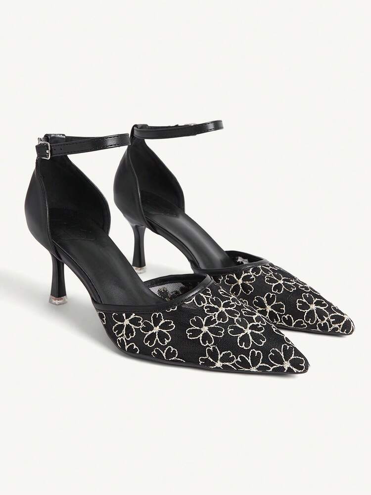 CUCCOO CHICEST Spring And Autumn Black Mesh Embroidery Pointed Tip Thin Heel Sexy Elegant Hollow Women's High Heel Shoes Wedding Shoes Spring Shoes Bride Shoes