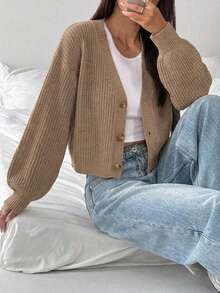 EURMUSE White Lantern Sleeve Button Front Rib Knit Cardigan - Beige - View 3