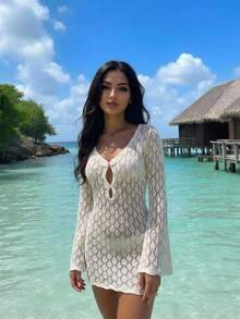 Bonvoyette 白色镂空针织吉祥搭扣镂空喇叭袖网红沙滩罩衫女装 - 白色 - 查看 3