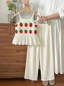 Girls Casual Fashion Vacation Strawberry Crochet Lace Trim Camisole And Elastic Waist Loose Textured Fabric Pants Set - Apricot - View 4