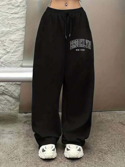 Mujer006 Pantalones largos cómodos y casuales para señora de cuatro estaciones Pantalones largos negros con estampado "BROOKLYN NEW YORK" para estilo casual atractivo y cómodos